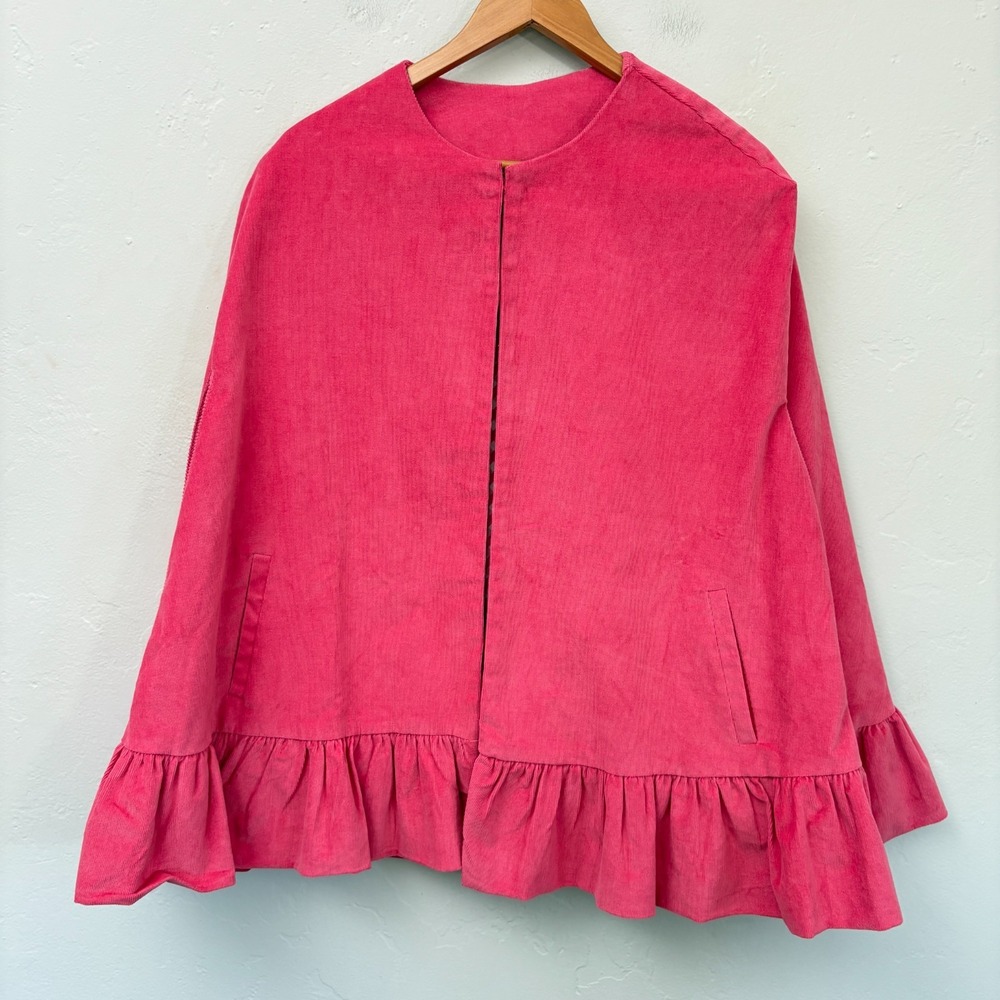 Elizabeth Wilson Corduroy Cape Women Size Medium Pink Ruffle Gingham Lined